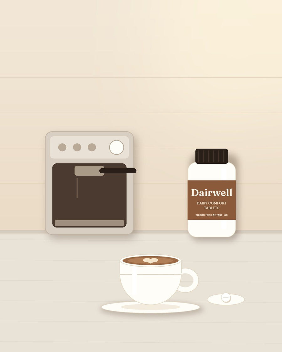 Illustration: morning latte next to the Dairwell bottle