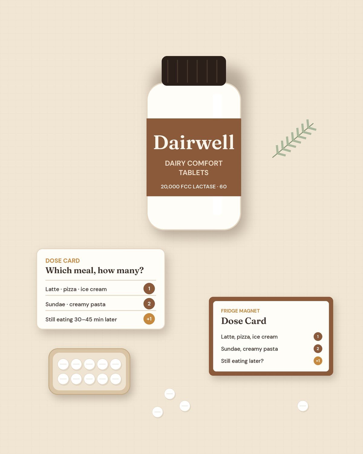 Illustration: Dairwell bottle, Dose Card, Pocket Tin and fridge magnet