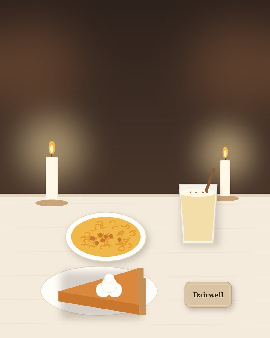 Illustration: holiday table with pumpkin pie, mac and cheese and eggnog