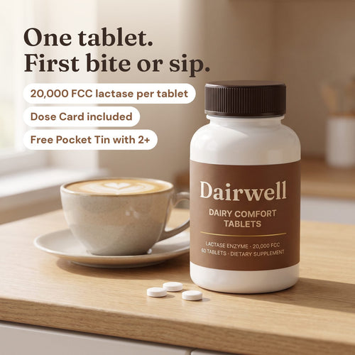 Dairwell Dairy Comfort Tablets bottle next to a latte: one tablet with the first bite or sip