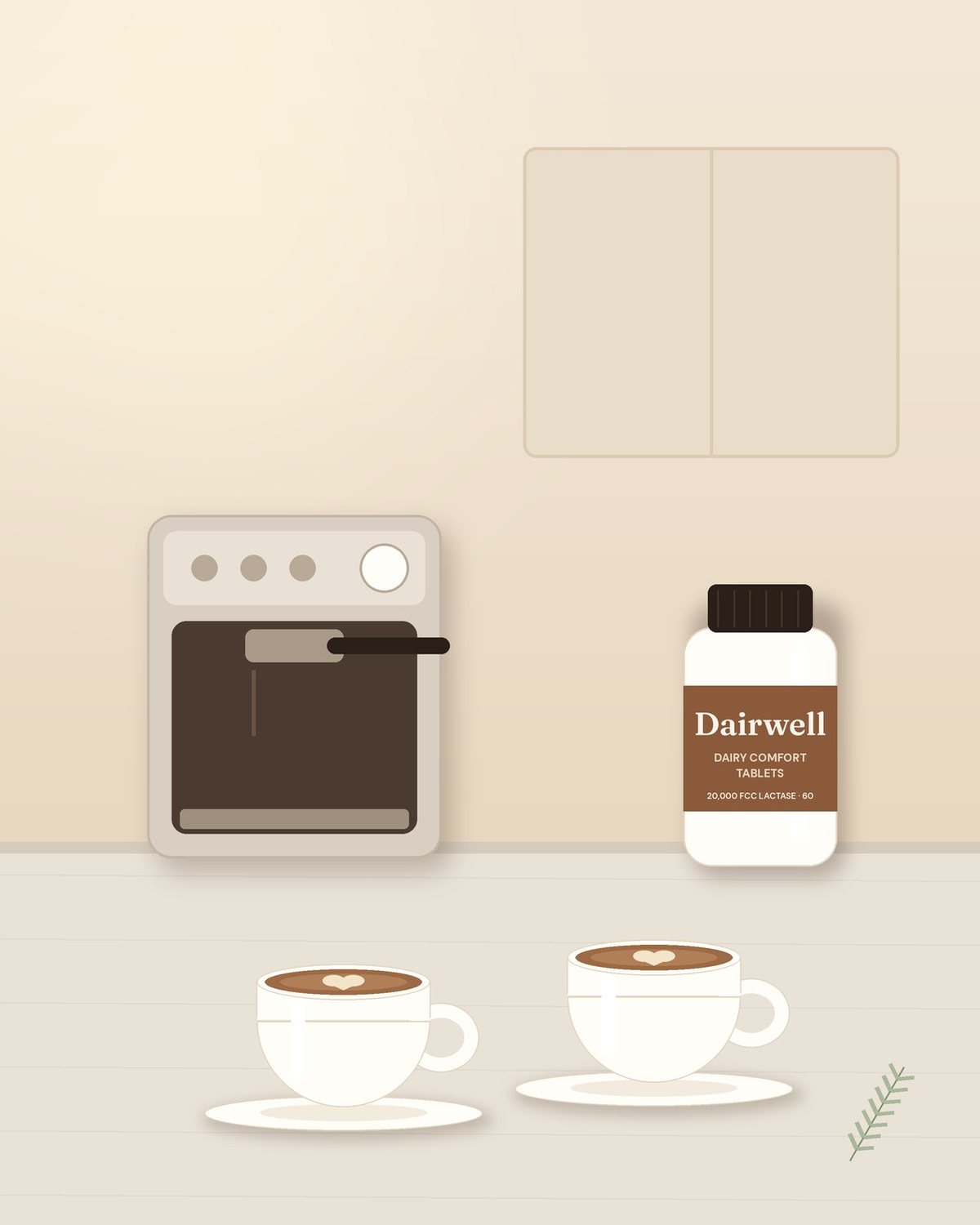 Illustration: two cappuccinos and the Dairwell bottle in a kitchen